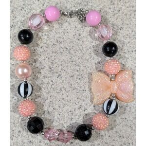 Chunky Pink Bow Black Pink Bead Necklace Ring Toggle Clasp